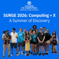 Image of a group of students and faculty who participated int he 2026 SURGE program set against a bright blue background